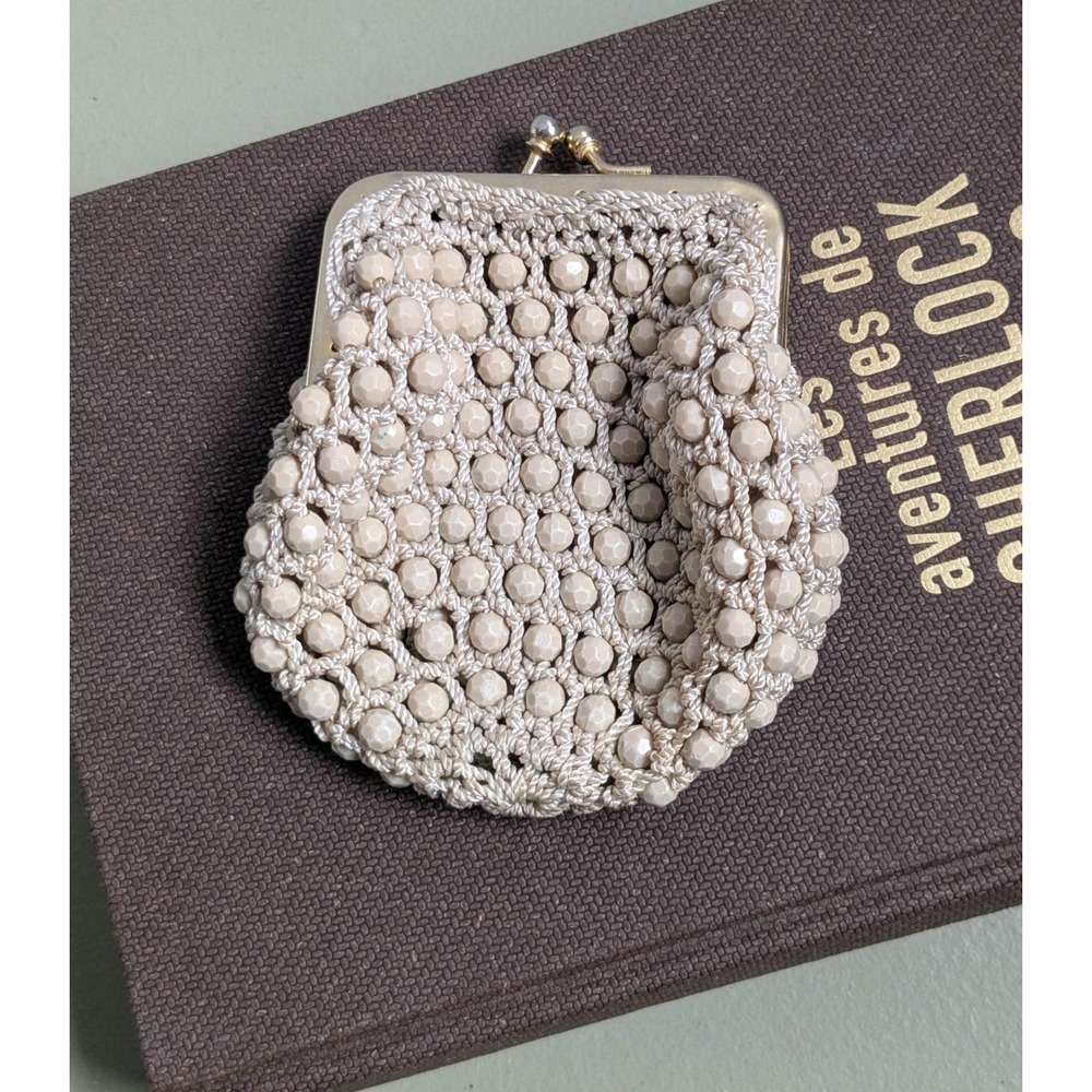Vintage Beaded Crochet Coin Purse Ivory Kiss Lock Frame 1950s